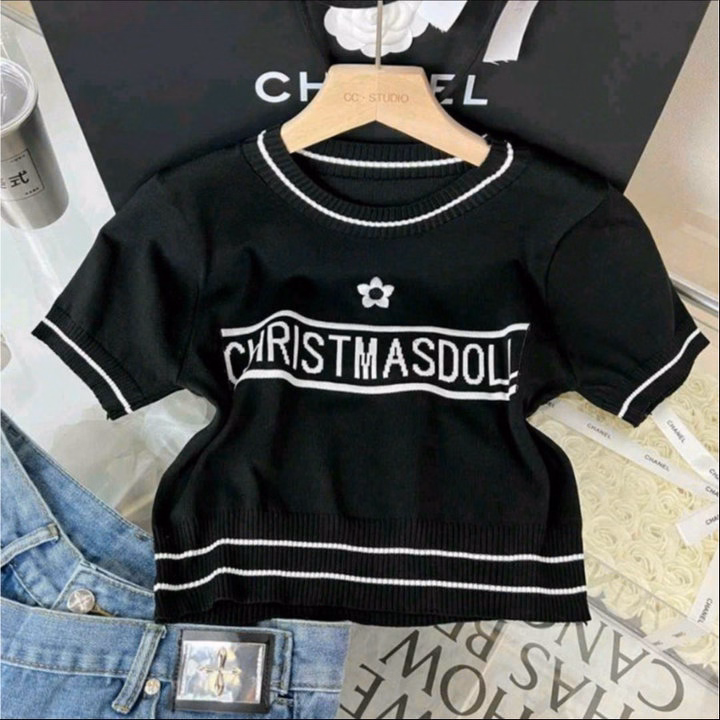 Áo Croptop Cộc Tay, Họa Tiết Thêu Hoa Cd Phối Kẻ Viền Dành Cho Bạn Nữ - Chipxinhxk - Ảnh 7