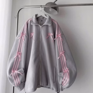 Áo Khoác Nỉ Nữ Cổ Bẻ Phối Tay 3 Sọc Gắn Nơ Thiết Kế Khóa Kéo -Htm Fashion