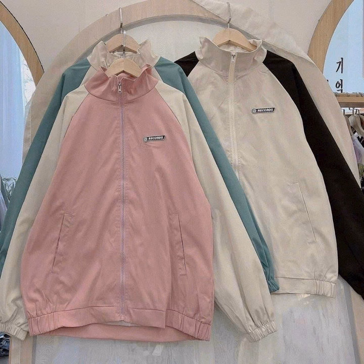 Áo Khoác Dù Nam Nữ 2 Lớp Cổ Bẻ Phối 2 Màu Họa Tiết Chữ Records -Htm Fashion - Ảnh 2