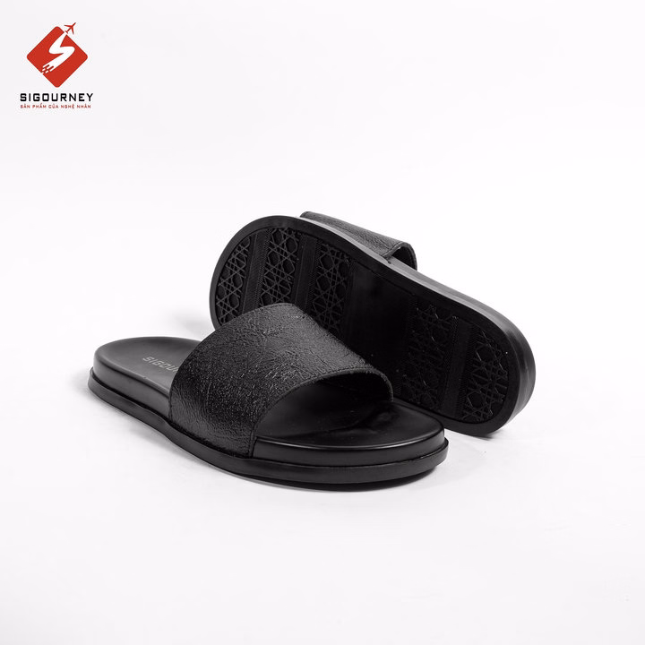 Dép Da Nam Quai Ngang Da Bò Màu Đen Có Khâu Đế Chắc Chắn Dn118 Bảo Hành 18 Tháng - Sigourney - Ảnh 2