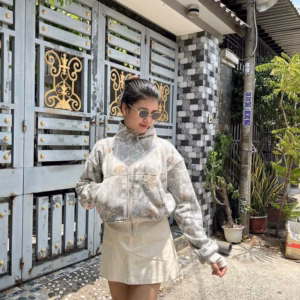 Áo Khoác Nỉ Lửng Loang Màu Croptop Có Nón Phối Khóa Kéo -Htm Fashion