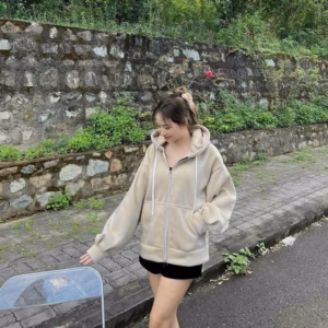 Áo Khoác Nỉ Trơn Dệt Nữ Form Rộng Có Nón Phối Khóa Kéo Chất Vải Dày Dặn -Htm Fashion