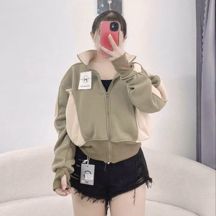 Áo Khoác Nỉ Dệt Nữ Cổ Trụ Phối Khóa Kéo Thiết Kế 2 Màu -Htm Fashion