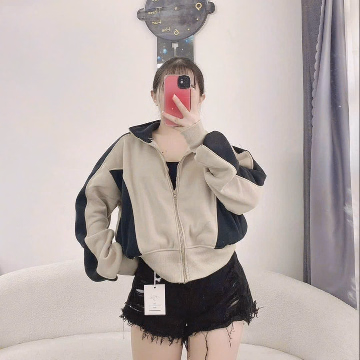 Áo Khoác Nỉ Dệt Nữ Cổ Trụ Phối Khóa Kéo Thiết Kế 2 Màu -Htm Fashion - Ảnh 4