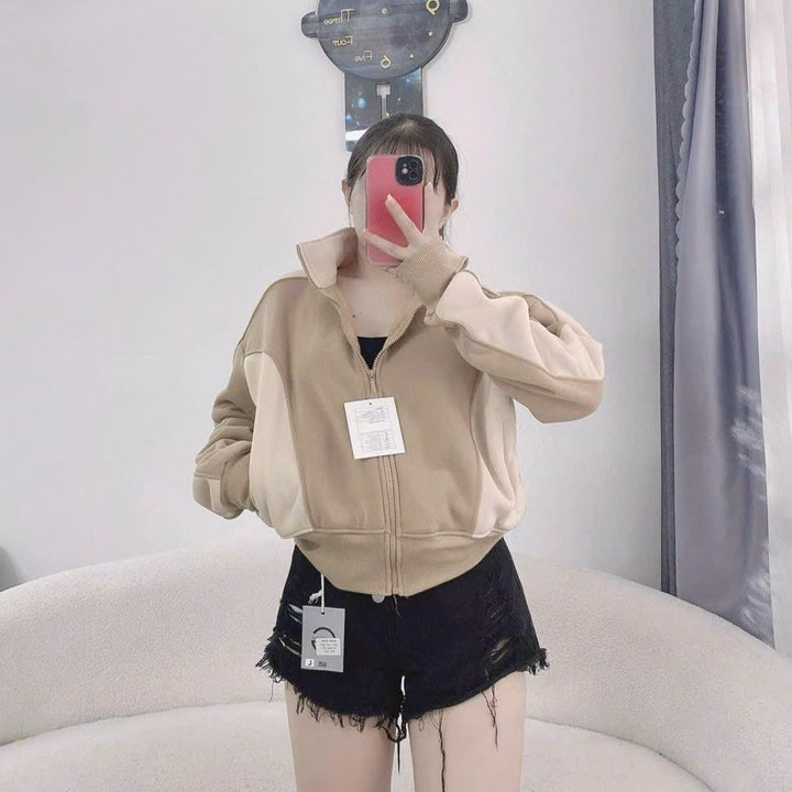 Áo Khoác Nỉ Dệt Nữ Cổ Trụ Phối Khóa Kéo Thiết Kế 2 Màu -Htm Fashion - Ảnh 5