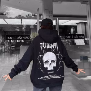 Áo Khoác Hoodie Nỉ Nam Nữ Form Rộng Có Nón Tròng Đầu Họa Tiết In Đầu Lâu Twenti -Htm Fashion