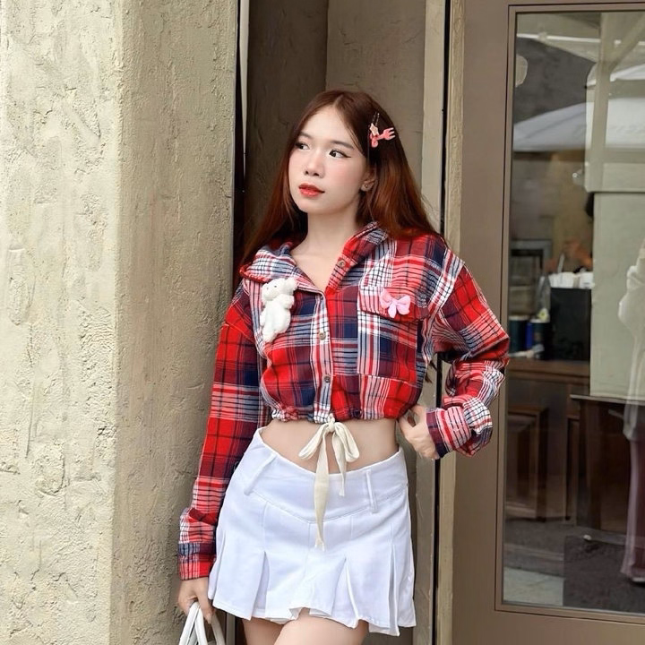 Áo Khoác Sơ Mi Nữ Croptop Sọc Caro Tặng Áo Trong Có Nón Thêu Gấu Như Hình 38-55Kg - Ảnh 5