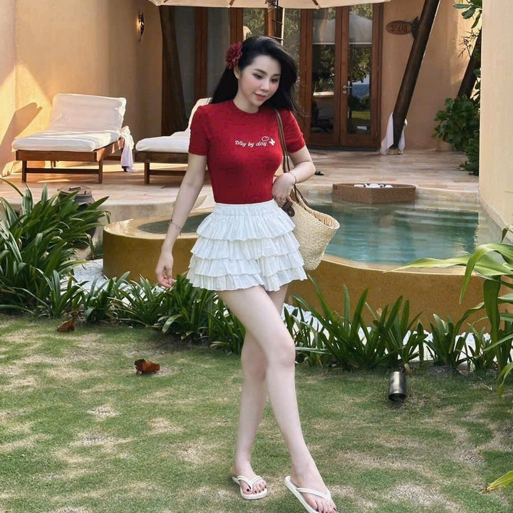 Set Chân Váy Cotton Xếp Tầng Có Lót Trong Mix Áo Tăm Lạnh Ngắn Tay In Chữ Phong Cách Trẻ Trung-Sht170-Minh Hà House - Ảnh 2
