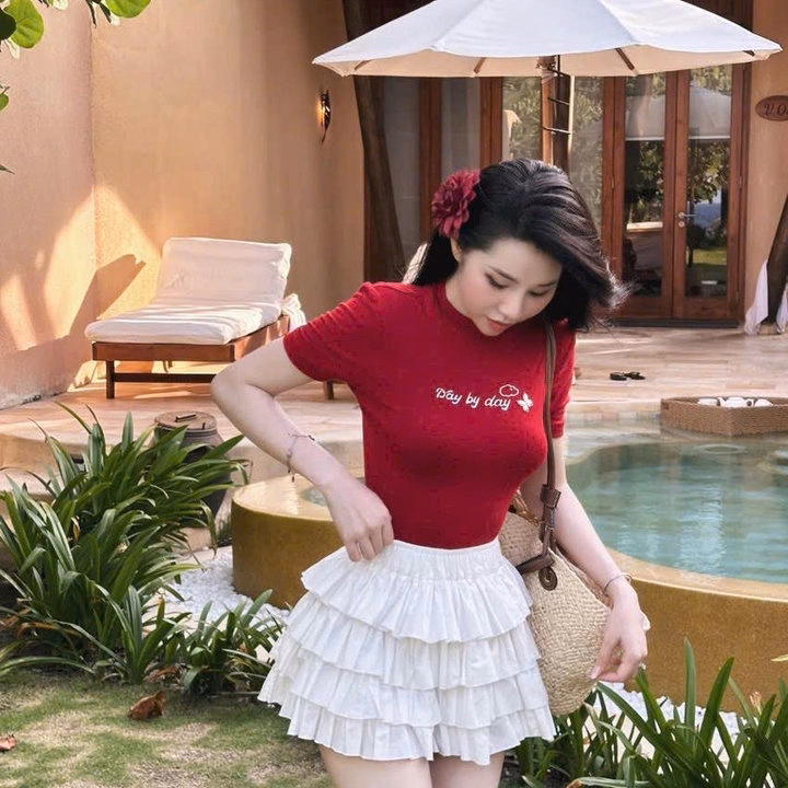 Set Chân Váy Cotton Xếp Tầng Có Lót Trong Mix Áo Tăm Lạnh Ngắn Tay In Chữ Phong Cách Trẻ Trung-Sht170-Minh Hà House - Ảnh 3