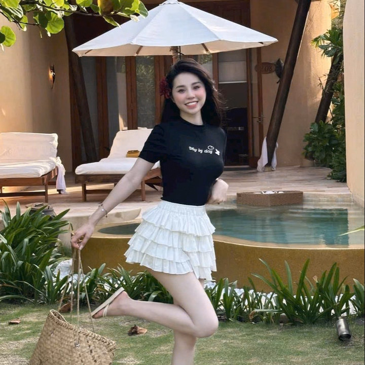 Set Chân Váy Cotton Xếp Tầng Có Lót Trong Mix Áo Tăm Lạnh Ngắn Tay In Chữ Phong Cách Trẻ Trung-Sht170-Minh Hà House - Ảnh 4