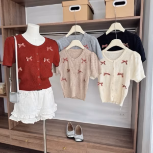 Áo Mongtoghi Nữ Cộc Tay, Khuy Mở Phối Họa Tiết Nơ Full Áo Phong Cách Hàn Quốc - Chipxinhxk