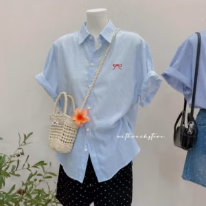 [Mới] Áo Sơ Mi Nữ Tay Ngắn Phối Nơ Thêu Basic Phong Cách Hàn Quốc Thời Trang Mùa Hè Unsiex Tp64