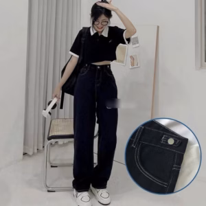 Quần Bò Ống Rộng Chỉ Nổi Viền Đen