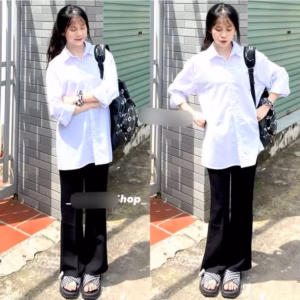 Sét Bộ Quần Ống Loe Chất Umi + Mix Áo Sơ Mi Trắng Dài Tay