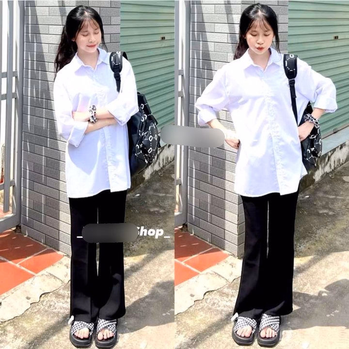 Sét Bộ Quần Ống Loe Chất Umi + Mix Áo Sơ Mi Trắng Dài Tay