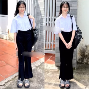 Sét Quần Ống Loe Umi Đen + Mix Áo Sơ Mi Trắng Cọc Tay