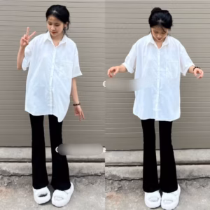 Sét Quần Ống Loe Umi Đen + Mix Áo Sơ Mi Trắng Cọc Tay