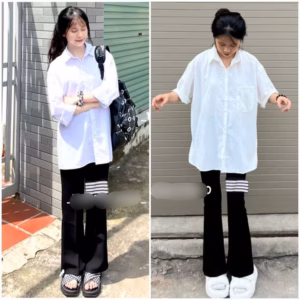 Sét Quần Loe 4 Vạch+ Mix Áo Sơ Mi Trắng Form Rộng