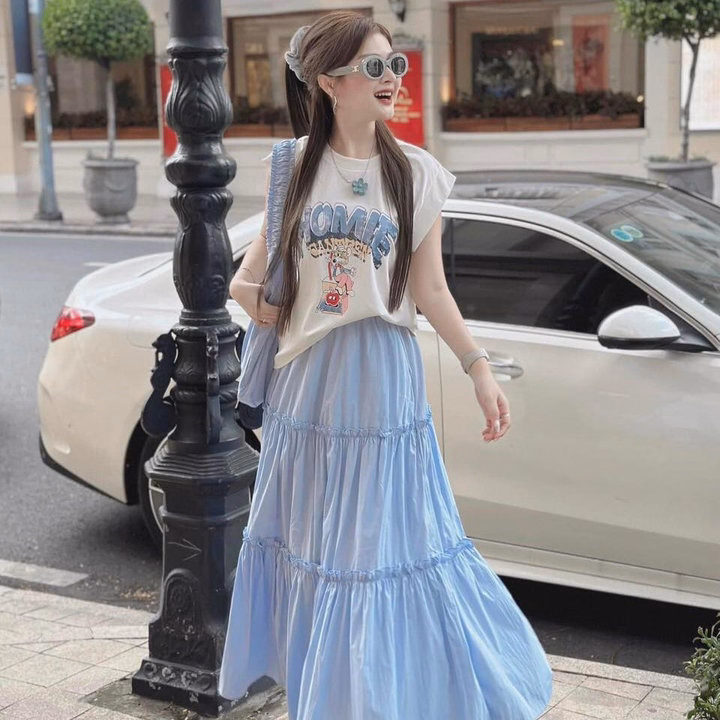 Set Áo Tăm Lạnh Cánh Dơi Ép Nhiệt Nổi Phối Chân Váy Mango Tầng Bt95P - Sam Store - Ảnh 3