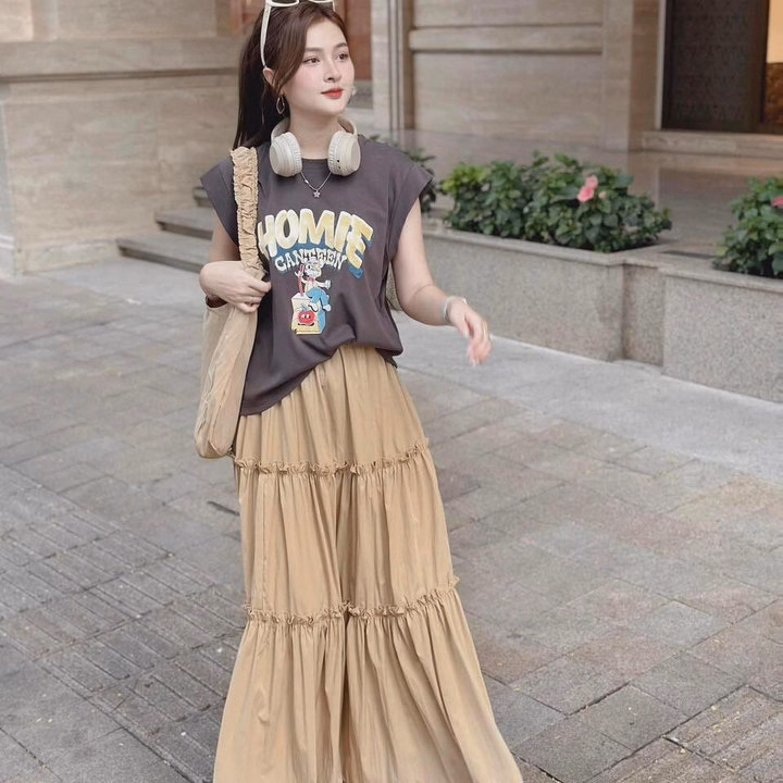 Set Áo Tăm Lạnh Cánh Dơi Ép Nhiệt Nổi Phối Chân Váy Mango Tầng Bt95P - Sam Store - Ảnh 2