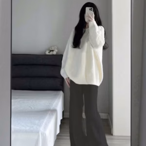 Sét Quần Ống Rộng Cạp Chun Hack Dáng Đen + Mix Áo Thu Dông Trơn Dài Tay Cổ Tròn Form Rộng