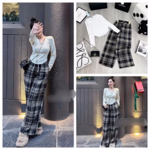 Sét Bộ Quần Kẻ Caro Đen + Mix Áo Thu Đông Dài Tay Cổ Tròn Trơn Form Rộng