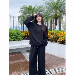 Sét Bộ Thu Đông Quần Ống Rộng Cạp Chun +Mix Áo Thu Đông Dài Tay Cổ Tròn Trơn