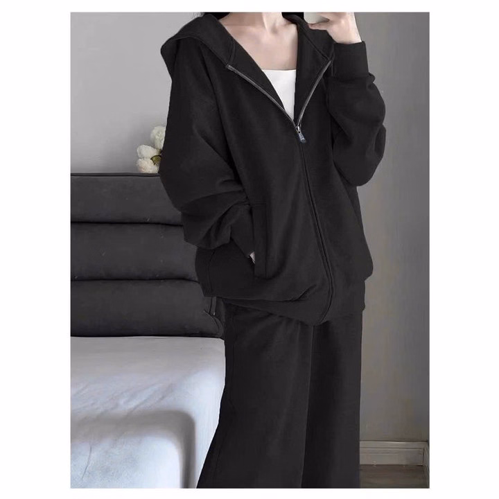 Sét Bộ Quần Ống Rộng Cạp Chun Hack Dáng + Mix Áo Khoác Nỉ Form Rộng Mũ 2 Lớp - Ảnh 3