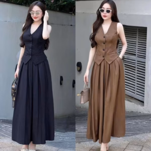 Set Áo Sát Nách Cột Dây Sau Phối Chân Váy Mango Khóa Kéo Có Túi St001L- Nana House