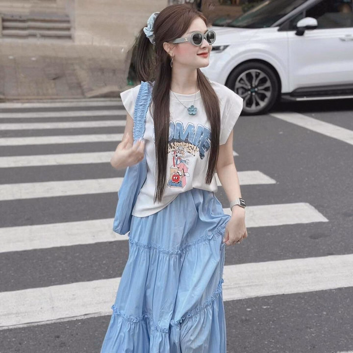 Set Áo Tăm Lạnh Cánh Dơi Ép Nhiệt Nổi Phối Chân Váy Mango Tầng St590-Nana House - Ảnh 4