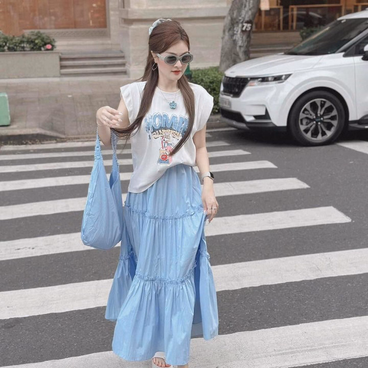 Set Áo Tăm Lạnh Cánh Dơi Ép Nhiệt Nổi Phối Chân Váy Mango Tầng St590-Nana House - Ảnh 2