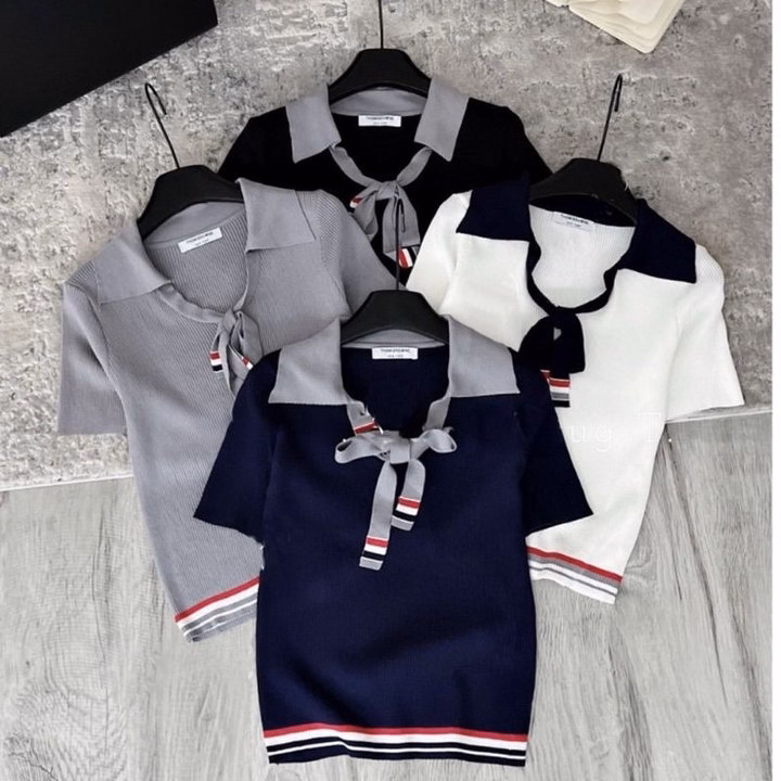 Áo Len Thom Cộc Tay, Cổ Áo Xẻ Sâu Phối Dây Cột Nơ Trendy Dành Cho Bạn Nữ - Chipxinhxk - Ảnh 2