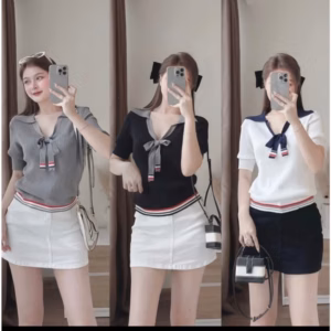 Áo Len Thom Cộc Tay, Cổ Áo Xẻ Sâu Phối Dây Cột Nơ Trendy Dành Cho Bạn Nữ - Chipxinhxk