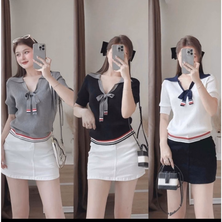 Áo Len Thom Cộc Tay, Cổ Áo Xẻ Sâu Phối Dây Cột Nơ Trendy Dành Cho Bạn Nữ - Chipxinhxk