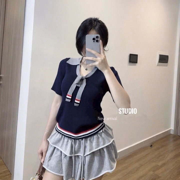 Áo Len Thom Cộc Tay, Cổ Áo Xẻ Sâu Phối Dây Cột Nơ Trendy Dành Cho Bạn Nữ - Chipxinhxk - Ảnh 7