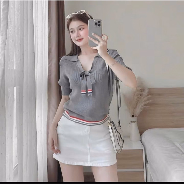 Áo Len Thom Cộc Tay, Cổ Áo Xẻ Sâu Phối Dây Cột Nơ Trendy Dành Cho Bạn Nữ - Chipxinhxk - Ảnh 3