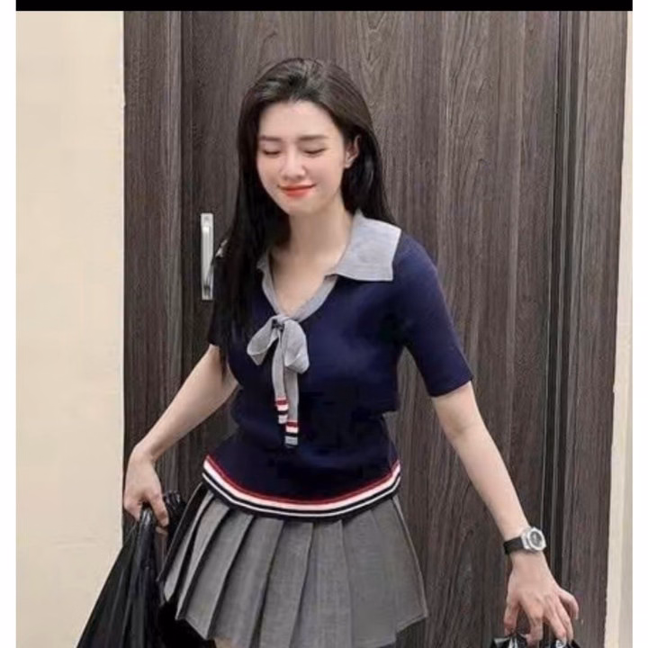 Áo Len Thom Cộc Tay, Cổ Áo Xẻ Sâu Phối Dây Cột Nơ Trendy Dành Cho Bạn Nữ - Chipxinhxk - Ảnh 6