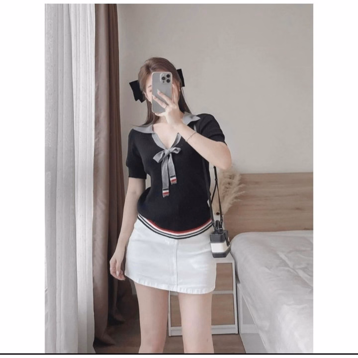 Áo Len Thom Cộc Tay, Cổ Áo Xẻ Sâu Phối Dây Cột Nơ Trendy Dành Cho Bạn Nữ - Chipxinhxk - Ảnh 4