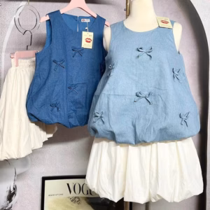 Set Áo Bí Denim Đính Nơ Phối Chân Váy Bí Xốp Có Quần Trong Bt12U5- Nana House