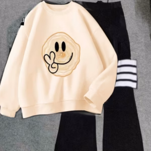 Sét Bộ Thu Đông Quần Ống Loe Kẻ 4 Vạch+ Mix Áo Thu Đông Cổ Tròn Mặt Cười