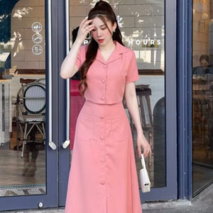 Set Cotton Lạnh Phối Chân Váy Dài Lưng Thun Khóa Kéo Nút Bọc Bt105T- Sam Store