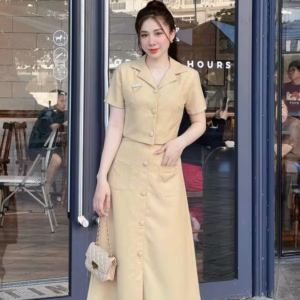 Set Cotton Lạnh Phối Chân Váy Dài Lưng Thun Khóa Kéo S9- Nana House