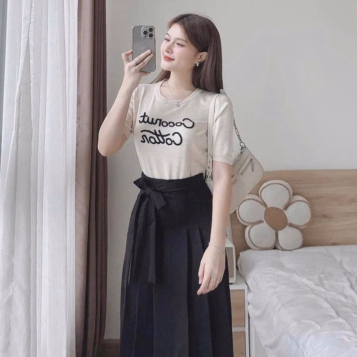 Set Áo Thun Tăm Phối Chân Váy Cotton Lạnh Dây Nơ Bt90R- Sam Store - Ảnh 3