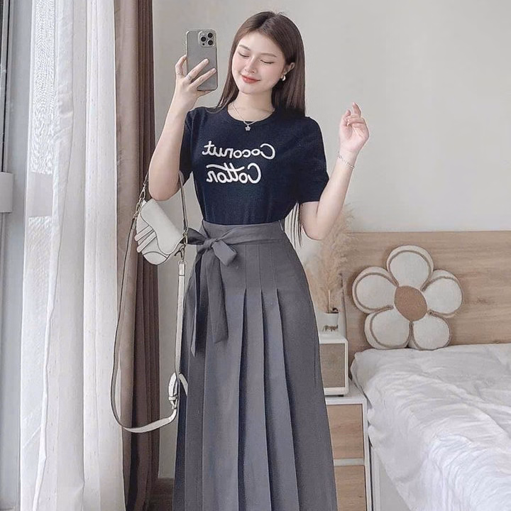 Set Áo Thun Tăm Phối Chân Váy Cotton Lạnh Dây Nơ Bt90R- Sam Store - Ảnh 4