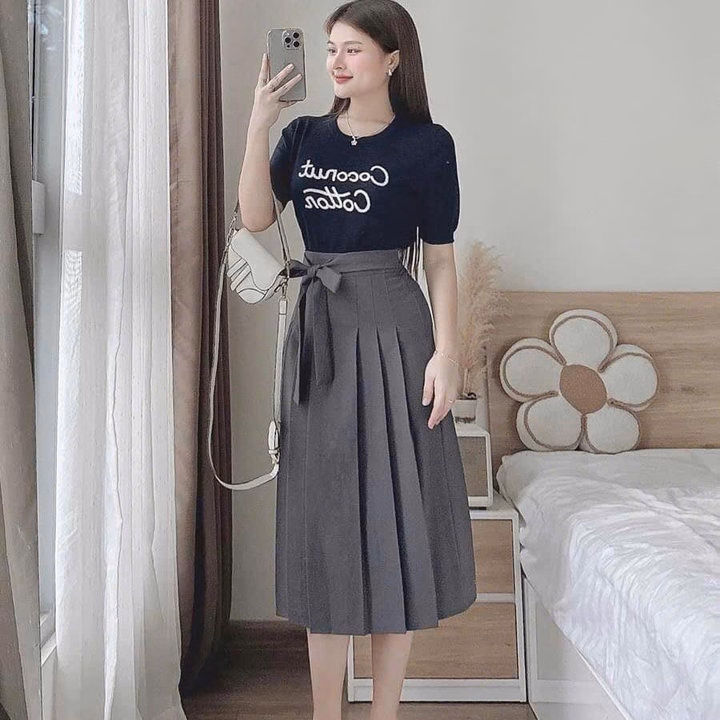 Set Áo Thun Tăm Phối Chân Váy Cotton Lạnh Dây Nơ Bt90R- Sam Store - Ảnh 2