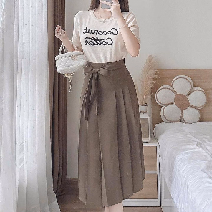 Set Áo Thun Tăm Phối Chân Váy Cotton Lạnh Dây Nơ Bt90R- Sam Store - Ảnh 5