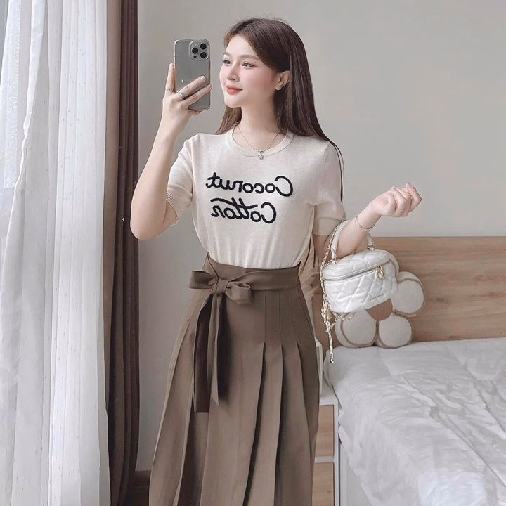 Set Áo Thun Tăm Phối Chân Váy Cotton Lạnh Dây Nơ Bt90R- Sam Store - Ảnh 8