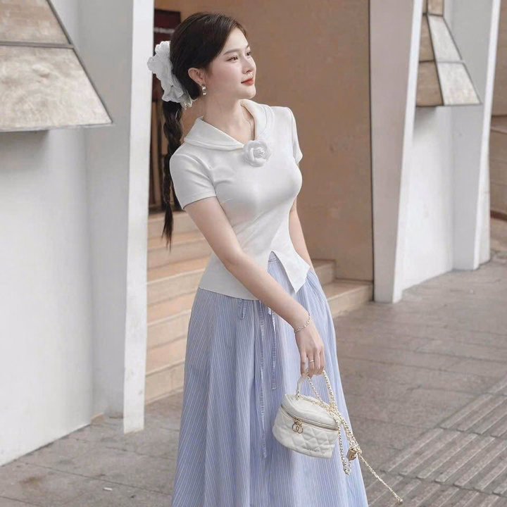 Set Áo Thun Tăm Đính Bông Phối Chân Váy Sọc Ts103Y-Nana House - Ảnh 2