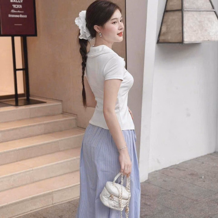 Set Áo Thun Tăm Đính Bông Phối Chân Váy Sọc Ts103Y-Nana House - Ảnh 4