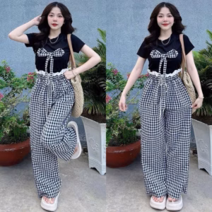 Set Bộ Đũi Caro Áo Tăm Lạnh Gắn Nơ St80F- Sam Store